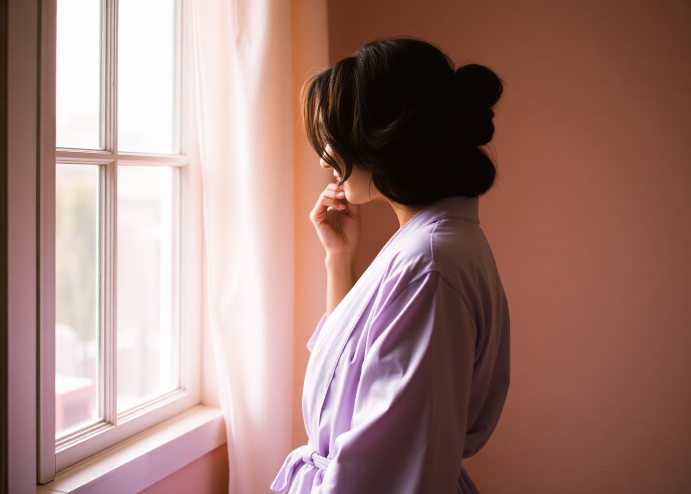 Woman in a lavender robe standing by a window in soft light